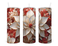 3D White and Red Tones Floral 20 oz insulated tumbler with lid and straw - Sew Lucky Embroidery