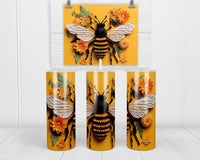 3D Bee and Floral 20 oz insulated tumbler with lid and straw - Sew Lucky Embroidery