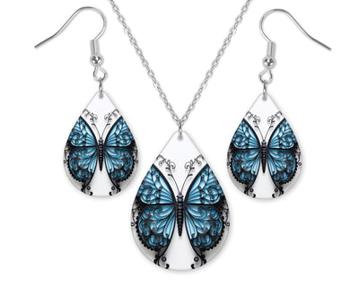 3D Big Blue Butterfly Earrings and Necklace Set