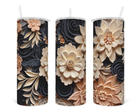 3D Black and Tan Tones Flowers 20 oz insulated tumbler with lid and straw - Sew Lucky Embroidery