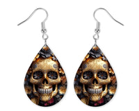 3D Black & Gold Skull Floral Earrings and Necklace Set - Sew Lucky Embroidery