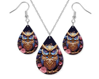 3D Blue and Gold Owl Earrings and Necklace Set - Sew Lucky Embroidery