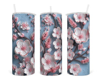 3D Cherry Blossom with Blue 20 oz insulated tumbler with lid and straw - Sew Lucky Embroidery