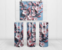 3D Cherry Blossom with Blue 20 oz insulated tumbler with lid and straw - Sew Lucky Embroidery