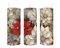 3D Christmas Poinsettias 20 oz insulated tumbler with lid and straw - Sew Lucky Embroidery