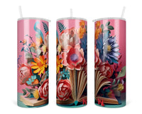 3D Floral Book 20 oz insulated tumbler with lid and straw - Sew Lucky Embroidery