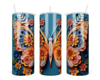 3D Floral Butterfly 20 oz insulated tumbler with lid and straw - Sew Lucky Embroidery