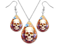 3D Floral Skull Earrings and Necklace Set - Sew Lucky Embroidery