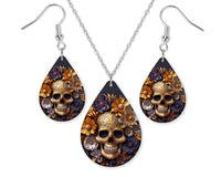 3D Midnight Skull Earrings and Necklace Set - Sew Lucky Embroidery