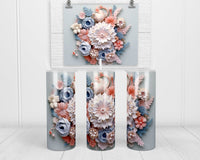 3D Mixed Floral with Blue 20 oz insulated tumbler with lid and straw - Sew Lucky Embroidery