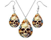 3D Orange Skull Earrings and Necklace Set - Sew Lucky Embroidery