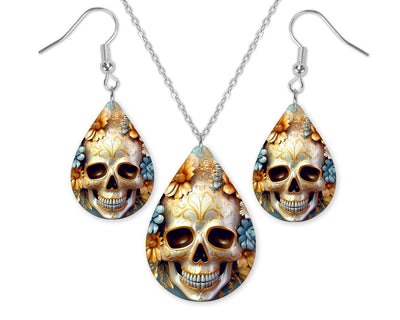 3D Orange Skull Earrings and Necklace Set