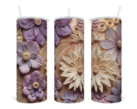 3D Purple and Tan Floral 20 oz insulated tumbler with lid and straw - Sew Lucky Embroidery