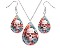 3D Teal and Pink Floral Skull Earrings and Necklace Set - Sew Lucky Embroidery