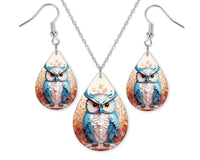 3D White and Blue Owl Earrings and Necklace Set - Sew Lucky Embroidery