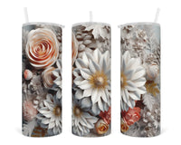 3D Winter Flowers 20 oz insulated tumbler with lid and straw - Sew Lucky Embroidery