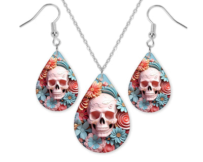 3D Teal and Pink Floral Skull Earrings and Necklace Set