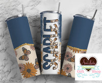 Retro Blue Butterflies Personalized 20oz Insulated Tumbler with Lid and Straw - Sew Lucky Embroidery