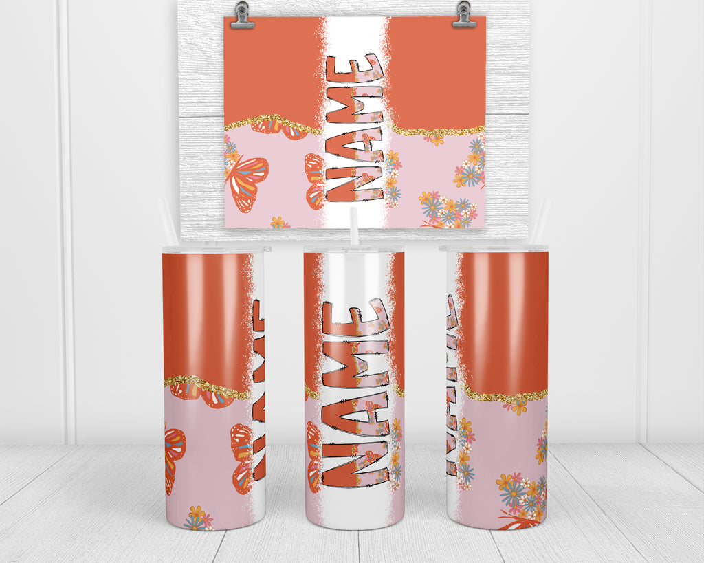 Colorful Butterflies Personalized 20oz Insulated Tumbler with Lid and Straw - Sew Lucky Embroidery