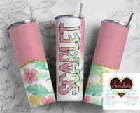 Pink Hawaiian Personalized 20oz Insulated Tumbler with Lid and Straw - Sew Lucky Embroidery