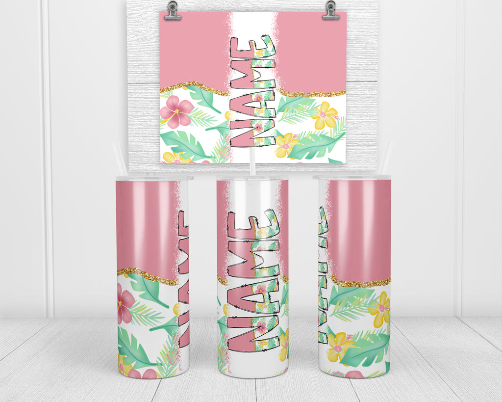 Pink Hawaiian Personalized 20oz Insulated Tumbler with Lid and Straw - Sew Lucky Embroidery