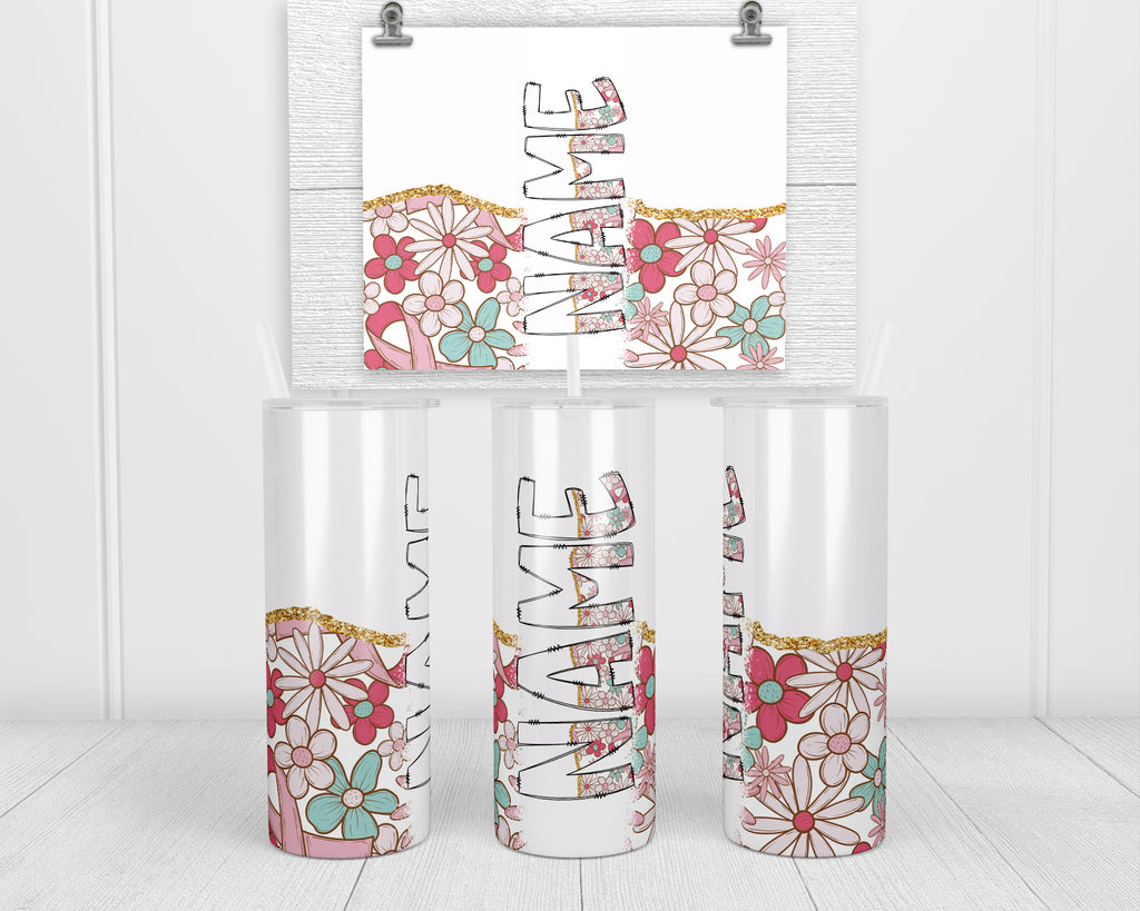 Breast Cancer White Personalized 20oz Insulated Tumbler with Lid and Straw - Sew Lucky Embroidery