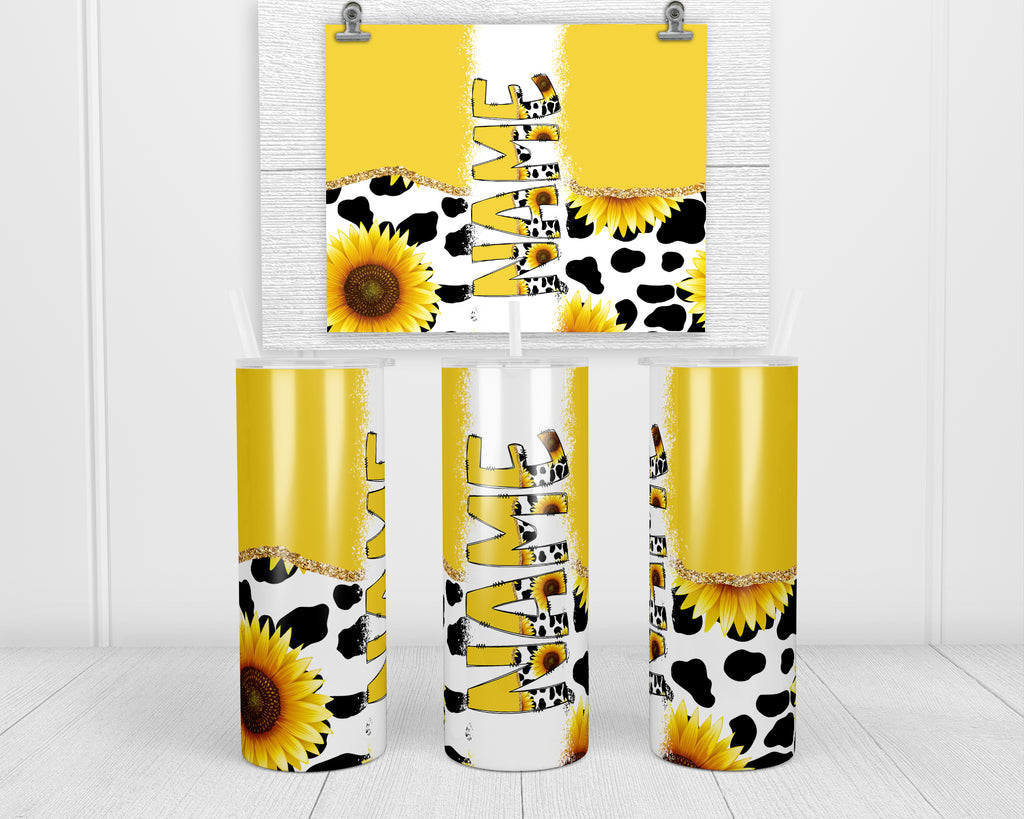 Cow Print and Yellow Sunflowers Personalized 20oz Insulated Tumbler with Lid and Straw - Sew Lucky Embroidery