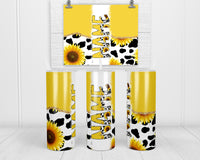 Cow Print and Yellow Sunflowers Personalized 20oz Insulated Tumbler with Lid and Straw - Sew Lucky Embroidery