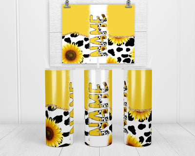 Cow Print and Yellow Sunflowers Personalized 20oz Insulated Tumbler with Lid and Straw