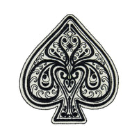 Ace of spades embroidery patch featuring an ornate black and white spade design with intricate scroll work and satin stitched edges, isolated on a white background. This decorative ace of spades appliqué patch is ideal for jackets, backpacks, hats, denim, motorcycle gear, card themed projects, and handmade sewing crafts.