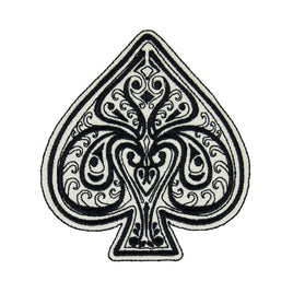 Ace of spades embroidery patch featuring an ornate black and white spade design with intricate scroll work and satin stitched edges, isolated on a white background. This decorative ace of spades appliqué patch is ideal for jackets, backpacks, hats, denim, motorcycle gear, card themed projects, and handmade sewing crafts.