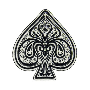 Ace of spades embroidery patch featuring an ornate black and white spade design with intricate scroll work and satin stitched edges, isolated on a white background. This decorative ace of spades appliqué patch is ideal for jackets, backpacks, hats, denim, motorcycle gear, card themed projects, and handmade sewing crafts.