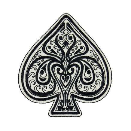 Ace of spades embroidery patch featuring an ornate black and white spade design with intricate scroll work and satin stitched edges, isolated on a white background. This decorative ace of spades appliqué patch is ideal for jackets, backpacks, hats, denim, motorcycle gear, card themed projects, and handmade sewing crafts.