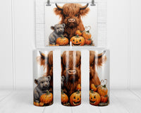 Adorable Highland Cows fall pumpkins 20 oz insulated tumbler with lid and straw - Sew Lucky Embroidery