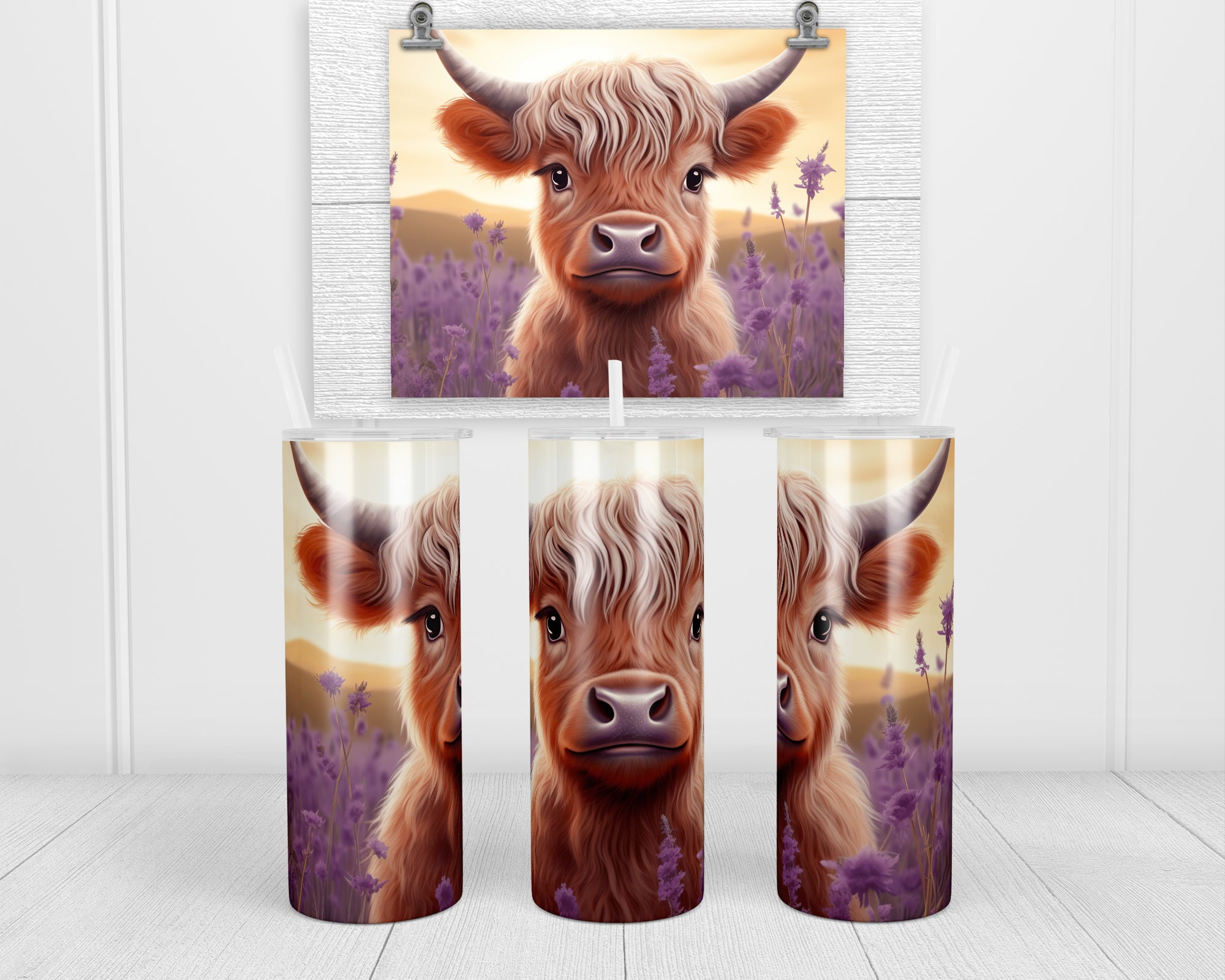 Painted Fall Highland Cow 20 oz insulated tumbler with lid and straw