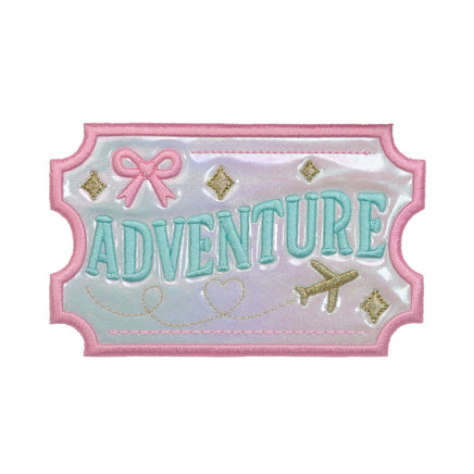 Adventure ticket embroidered patch with airplane bow and pastel colors, travel themed patch for vacation bags backpacks jackets and hats
