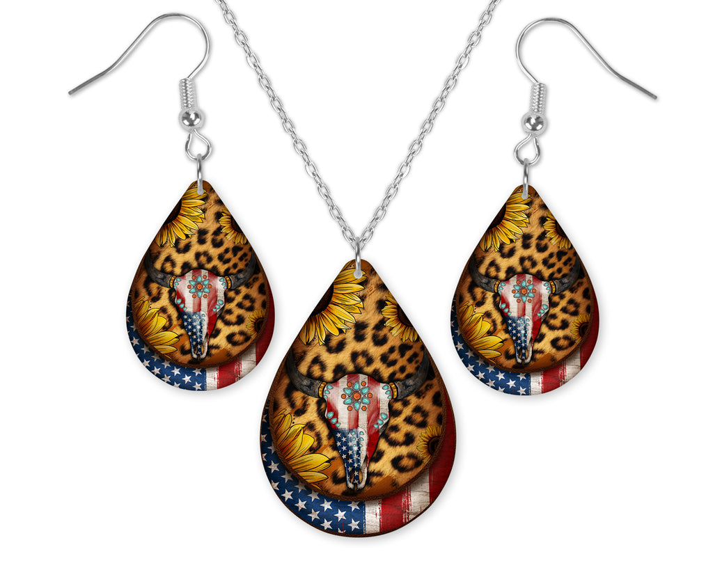 American Bull with Skull Sunflowers and Leopard Teardrop Earrings and Necklace Set