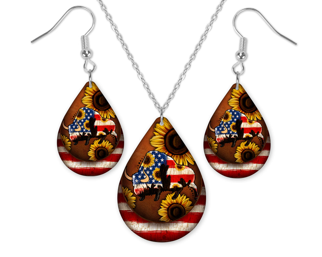 American Sunflower Buffalo Teardrop Earrings and Necklace Set - Sew Lucky Embroidery