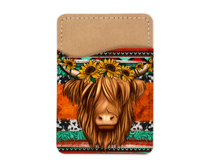 Aztec and Sunflower Highland Cow Phone Wallet - Sew Lucky Embroidery