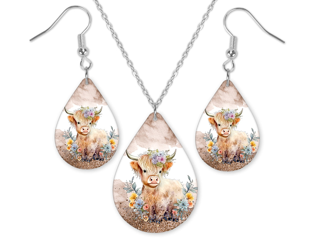Baby Highland Cow Earrings and Necklace Set - Sew Lucky Embroidery