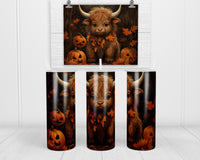 Baby Highland Cow and Pumpkins 20 oz insulated tumbler with lid and straw - Sew Lucky Embroidery