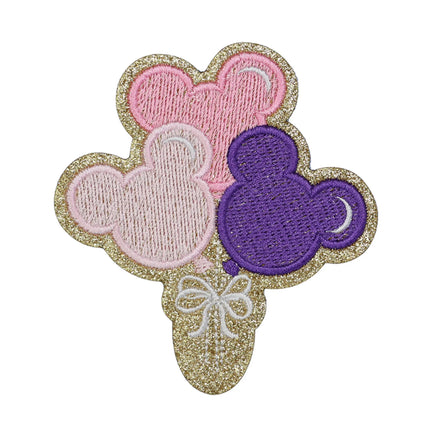 mouse balloon embroidered patch with pink and purple balloons shaped like mouse ears, theme park patch for birthday outfits backpacks and jackets
