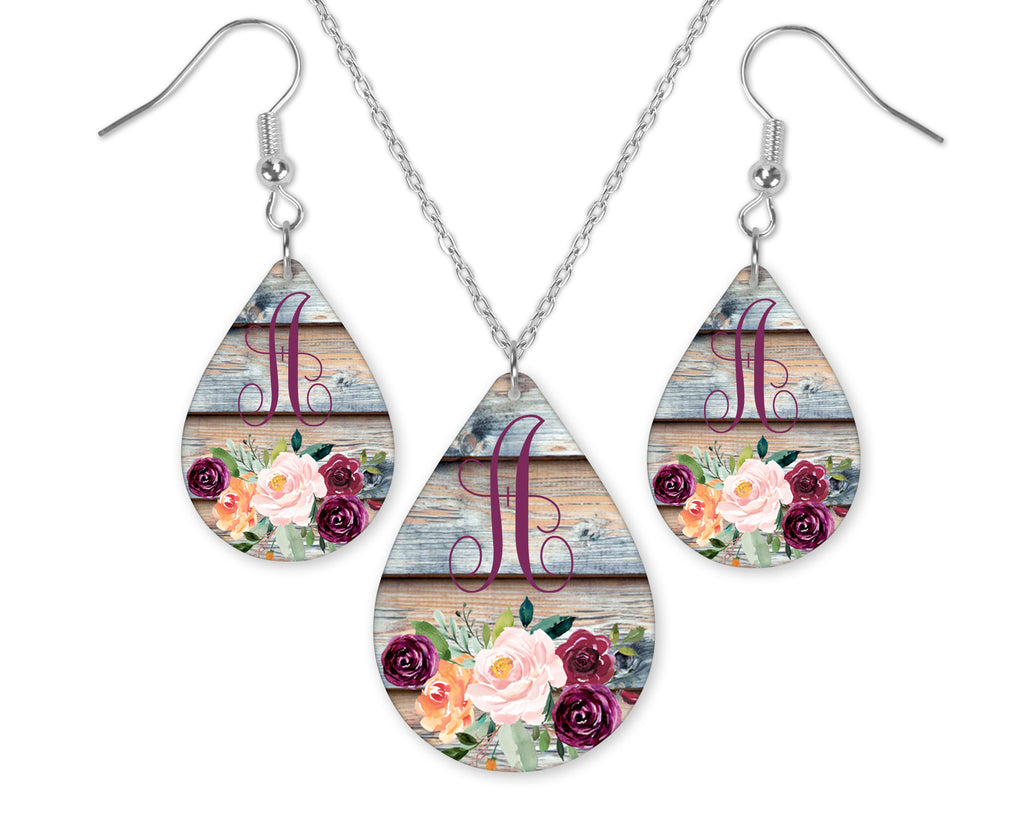 Barn Wood with Flowers Monogram Earrings and Necklace Set - Sew Lucky Embroidery