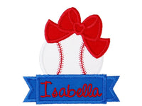 Baseball with Bow Name Banner Sew on or Iron on Patch - Sew Lucky Embroidery