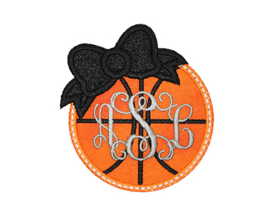 Basketball Monogram with Black Glitter Bow Sew or Iron on Embroidered Patch