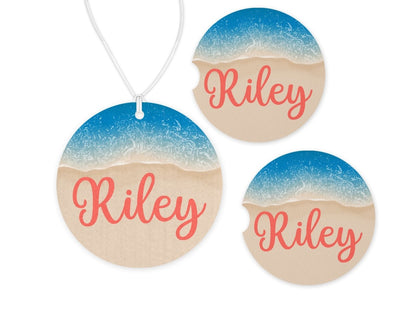 Beach and Ocean Water Personalized Car Charm and set of 2 Sandstone Car Coasters