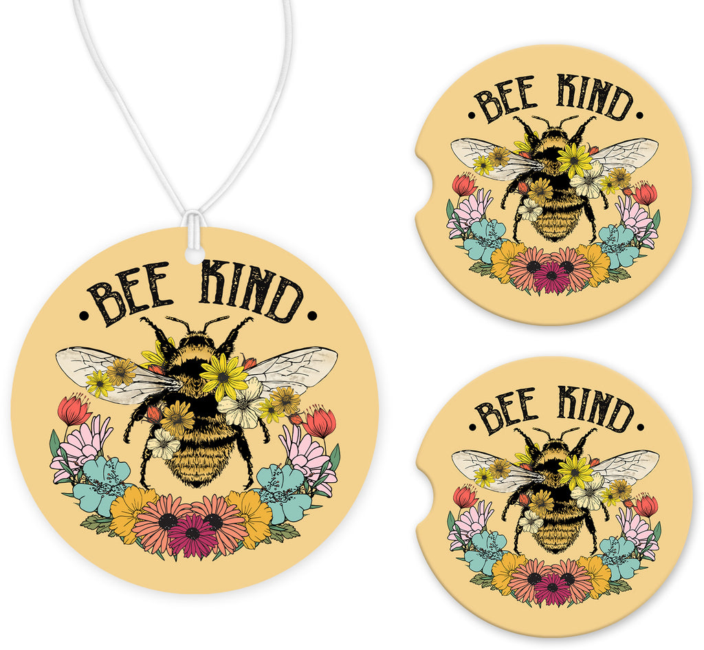 Bee Kind Car Charm and set of 2 Sandstone Car Coasters - Sew Lucky Embroidery