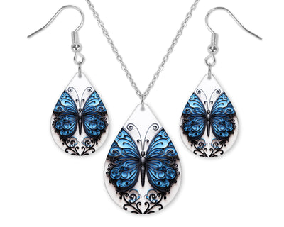 Black and Blue Butterfly Earrings and Necklace Set
