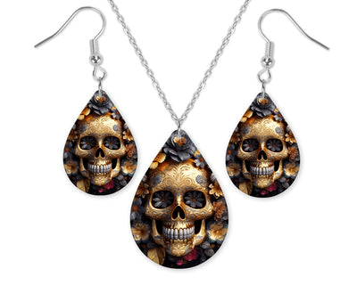 3D Black & Gold Skull Floral Earrings and Necklace Set