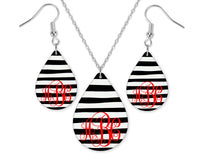 Black and White Stripes Monogrammed Teardrop Earrings and Necklace Set - Sew Lucky Embroidery